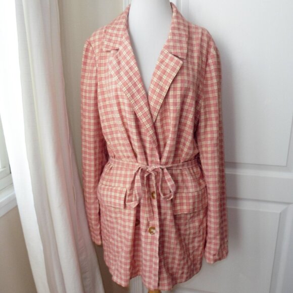 Free People Olivia Gingham Pink Plaid Check Blazer Jacket Large NEW - Picture 3 of 9